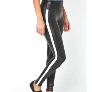 Spanx Leggings Black Faux Leather White Side Stripe Pull-on S